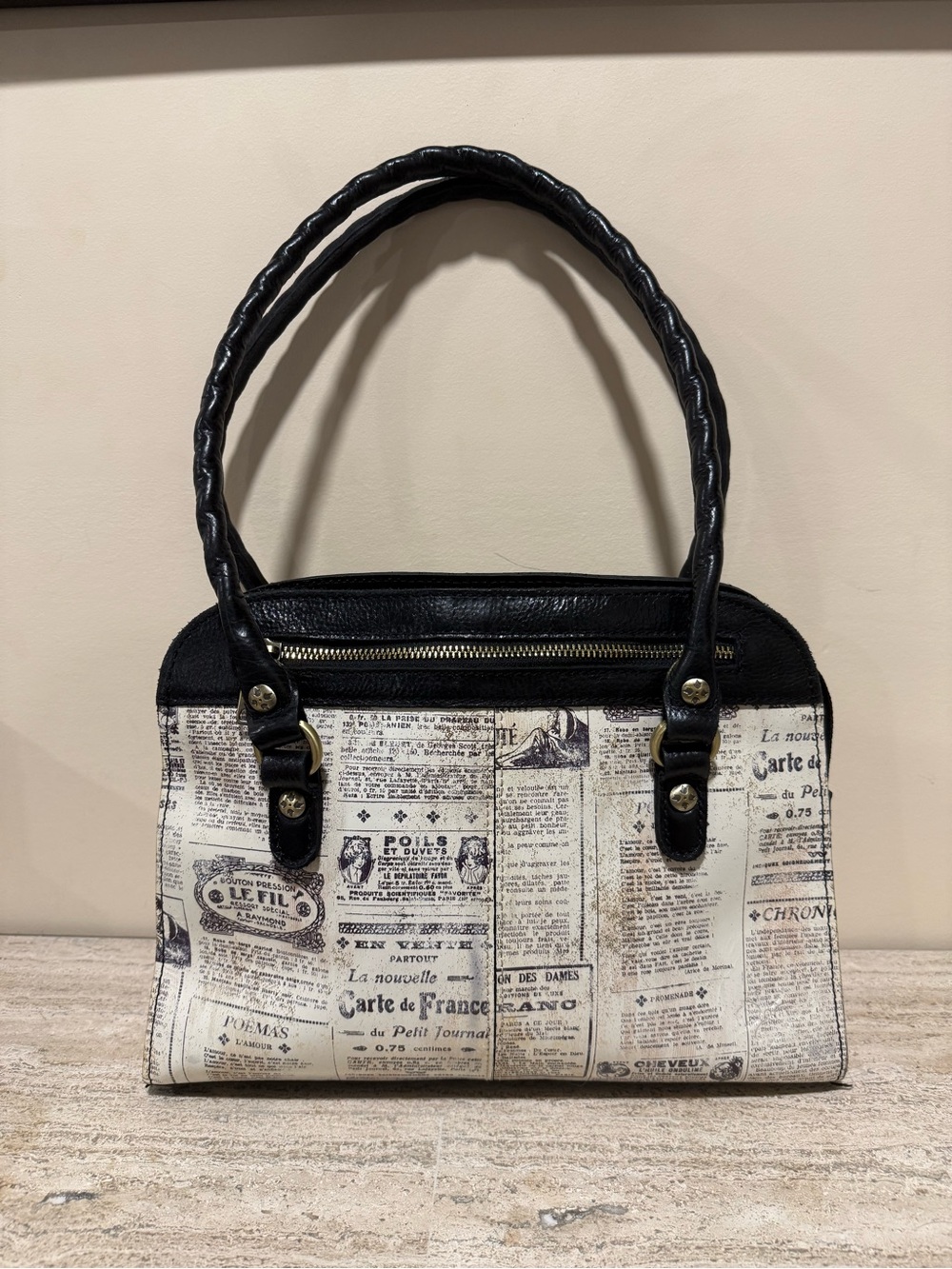 Patricia Nash Black and White Calvi French Newspaper Print Satchel